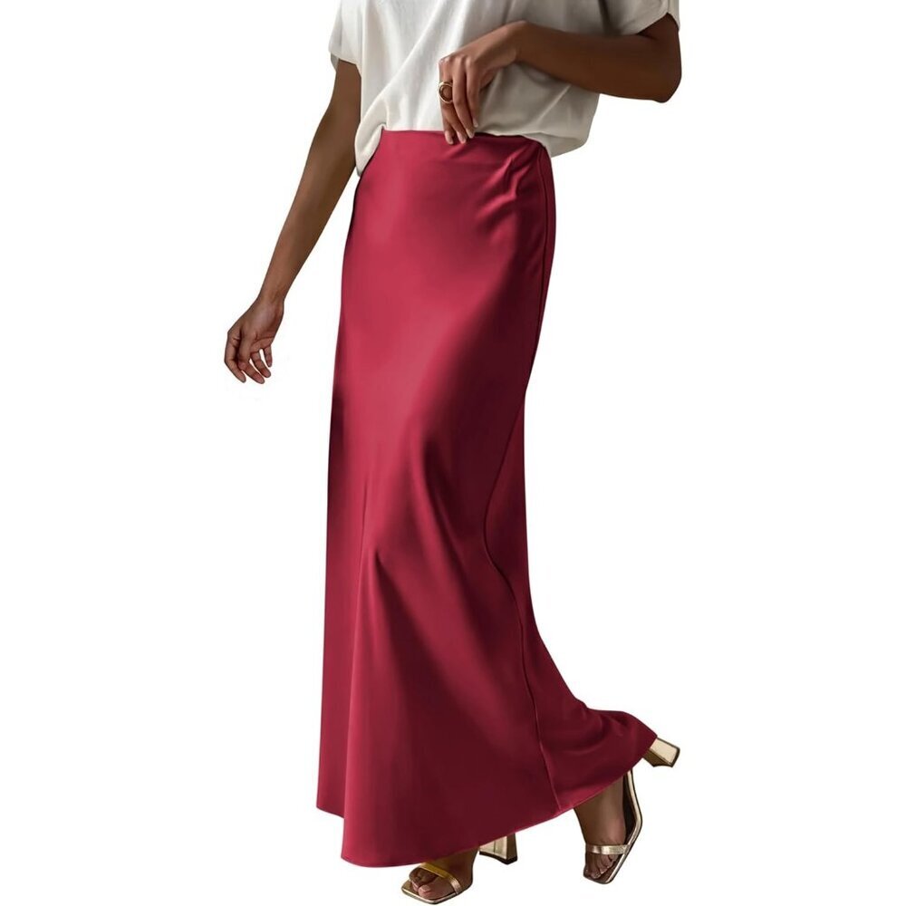 Women Wine Red Maxi Dressy Casual Zipped High Waisted Silk Elegant Long Skirt